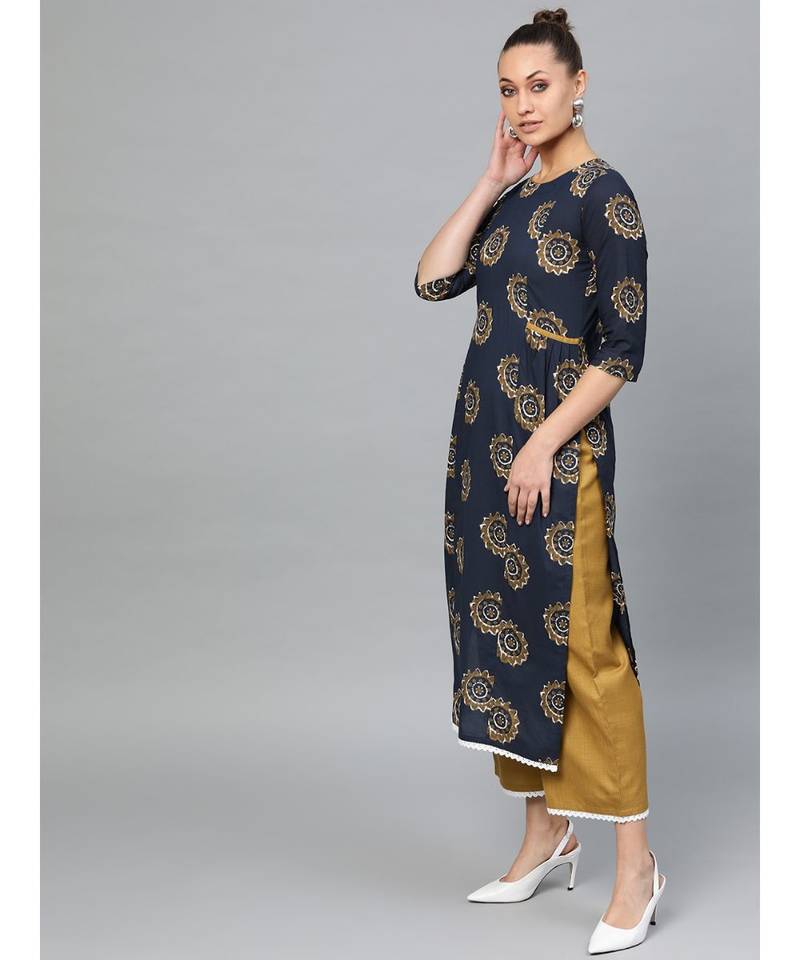 Indo Era Blue Printed Straight Kurta Palazzos Set main image 0