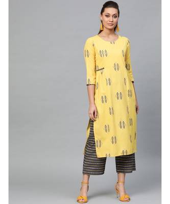 Indo Era Yellow Foil Printed A-line Kurta with Palazzo Set 1