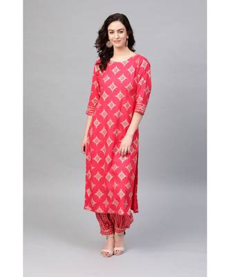 Indo Era Pink Foil Printed Straight Kurta Salwar Set 1
