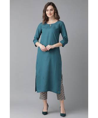 Indo Era Teal Solid Straight Kurta with Trouser Sets 1
