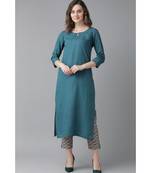 Indo Era Teal Solid Straight Kurta with Trouser Sets