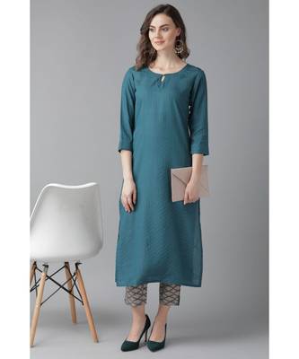Indo Era Teal Solid Straight Kurta with Trouser Sets 2