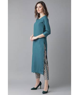 Indo Era Teal Solid Straight Kurta with Trouser Sets 3