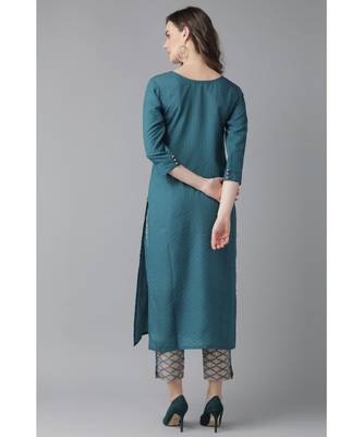 Indo Era Teal Solid Straight Kurta with Trouser Sets 4