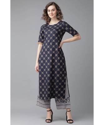 Indo Era Navy Blue Foil Printed Straight Kurta with Palazzo Sets 1