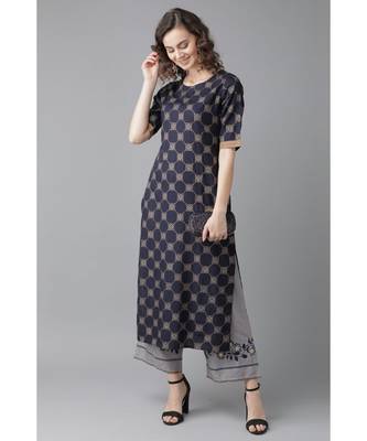 Indo Era Navy Blue Foil Printed Straight Kurta with Palazzo Sets 2