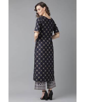 Indo Era Navy Blue Foil Printed Straight Kurta with Palazzo Sets 3