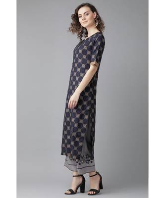 Indo Era Navy Blue Foil Printed Straight Kurta with Palazzo Sets 4