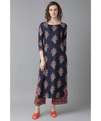 Indo Era Navy Blue Floral Printed Straight Kurta with Palazzo Sets 1