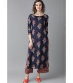 Indo Era Navy Blue Floral Printed Straight Kurta with Palazzo Sets