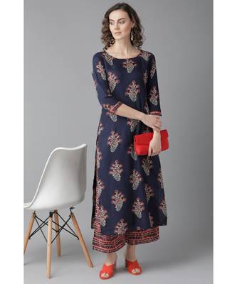 Indo Era Navy Blue Floral Printed Straight Kurta with Palazzo Sets 2
