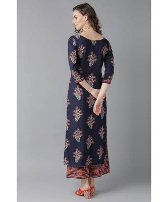 Indo Era Navy Blue Floral Printed Straight Kurta with Palazzo Sets 3