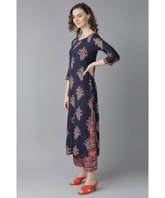 Indo Era Navy Blue Floral Printed Straight Kurta with Palazzo Sets 4