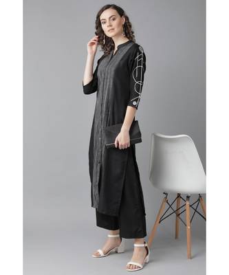 Indo Era Black Embroidered Straight Kurta with Palazzo Sets 2