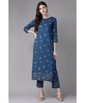 Indo Era Navy Blue Foil Printed Straight Kurta with Pant Set 1