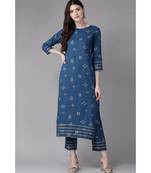 Indo Era Navy Blue Foil Printed Straight Kurta with Pant Set