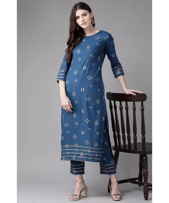 Indo Era Navy Blue Foil Printed Straight Kurta with Pant Set 2