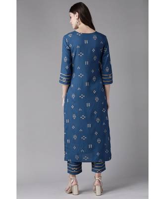 Indo Era Navy Blue Foil Printed Straight Kurta with Pant Set 3