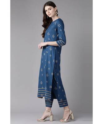 Indo Era Navy Blue Foil Printed Straight Kurta with Pant Set 4