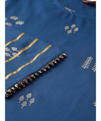 Indo Era Navy Blue Foil Printed Straight Kurta with Pant Set 5
