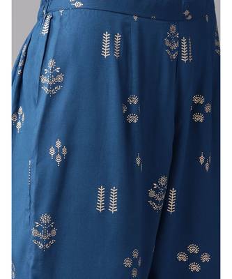 Indo Era Navy Blue Foil Printed Straight Kurta with Pant Set 6