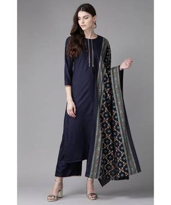 Indo Era Navy Blue Foil Printed Straight Kurta with Palazzo Set 1