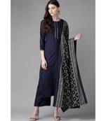 Indo Era Navy Blue Foil Printed Straight Kurta with Palazzo Set