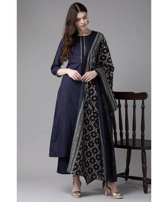 Indo Era Navy Blue Foil Printed Straight Kurta with Palazzo Set 2