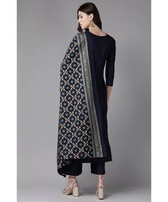 Indo Era Navy Blue Foil Printed Straight Kurta with Palazzo Set 3