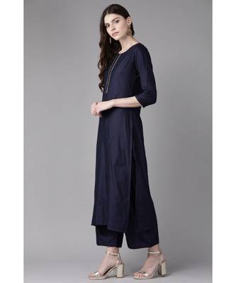 Indo Era Navy Blue Foil Printed Straight Kurta with Palazzo Set 4
