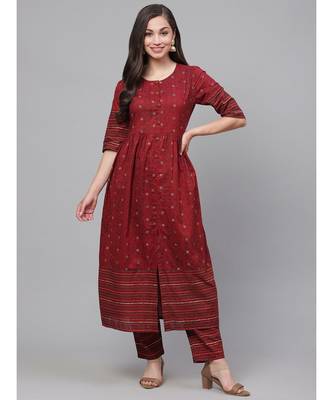Indo Era Maroon Foil Printed A-Line Kurta with Trouser Sets 1