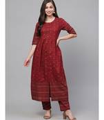 Indo Era Maroon Foil Printed A-Line Kurta with Trouser Sets