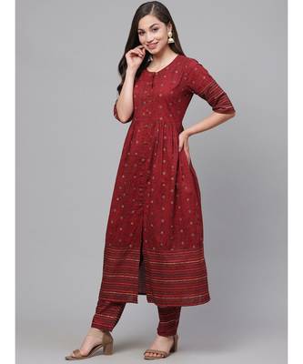 Indo Era Maroon Foil Printed A-Line Kurta with Trouser Sets 2