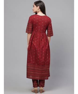 Indo Era Maroon Foil Printed A-Line Kurta with Trouser Sets 3
