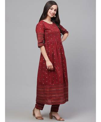Indo Era Maroon Foil Printed A-Line Kurta with Trouser Sets 4