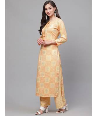 Indo Era Yellow Foil Printed Straight Kurta with Palazzo Set 2