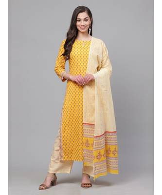 Indo Era Yellow Floral Printed Straight Kurta with Palazzo Dupatta Set 1