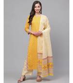Indo Era Yellow Floral Printed Straight Kurta with Palazzo Dupatta Set