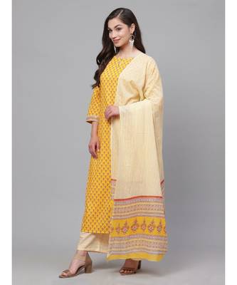 Indo Era Yellow Floral Printed Straight Kurta with Palazzo Dupatta Set 2