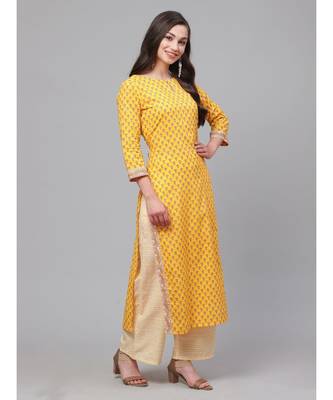 Indo Era Yellow Floral Printed Straight Kurta with Palazzo Dupatta Set 4