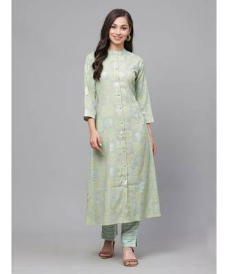 Indo Era Green Foil Printed A-line Kurta with Palazzo Dupatta Set 1