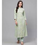 Indo Era Green Foil Printed A-line Kurta with Palazzo Dupatta Set