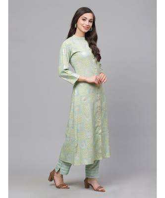Indo Era Green Foil Printed A-line Kurta with Palazzo Dupatta Set 4