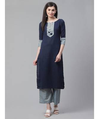 Indo Era Navy Blue Solid Straight Kurta with Palazzo Sets 1