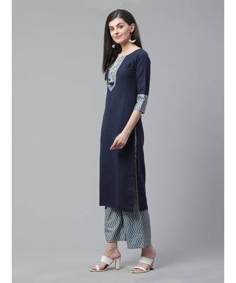 Indo Era Navy Blue Solid Straight Kurta with Palazzo Sets 2