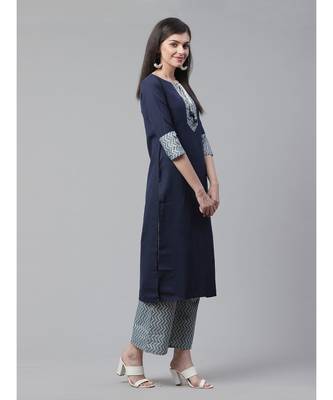 Indo Era Navy Blue Solid Straight Kurta with Palazzo Sets 4