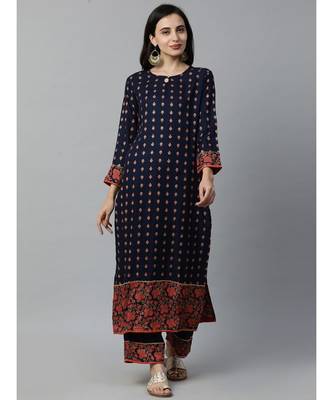 Indo Era Navy Blue Foil Printed Straight Kurta with Palazzo Sets 1