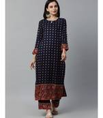 Indo Era Navy Blue Foil Printed Straight Kurta with Palazzo Sets