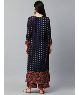 Indo Era Navy Blue Foil Printed Straight Kurta with Palazzo Sets 2