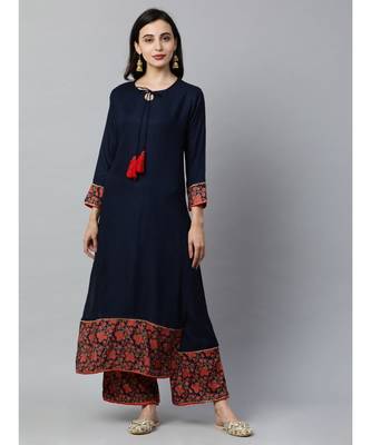 Indo Era Navy Blue Solid Straight Kurta Palazzo with Dupatta Sets 1